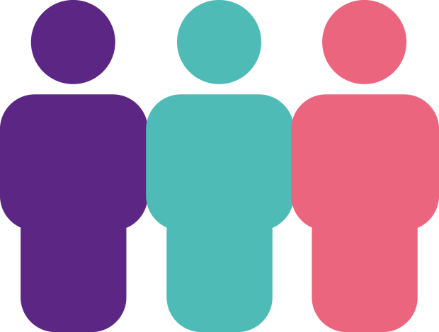 Three figure people, one in purple, one in teal and one in pink. Represents 1 in 3 people.