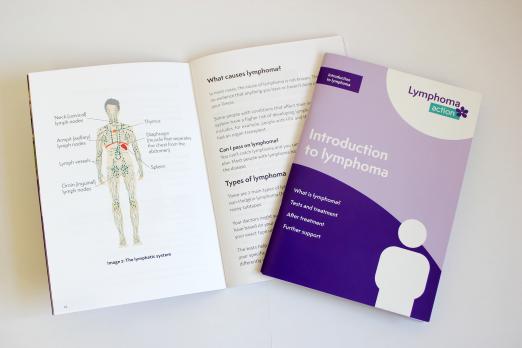 Photo of the booklet with an open page showing lymphatic system diagram