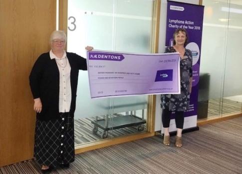 Adele & Sarah with large cheque from Dentons 