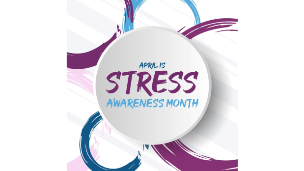 Purple and blue logo saying 'April is Stress Awareness Month'