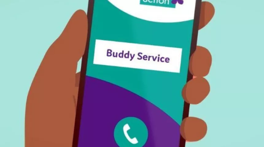 Graphic of a person's hand holding a phone displaying Lymphoma Action's buddy service