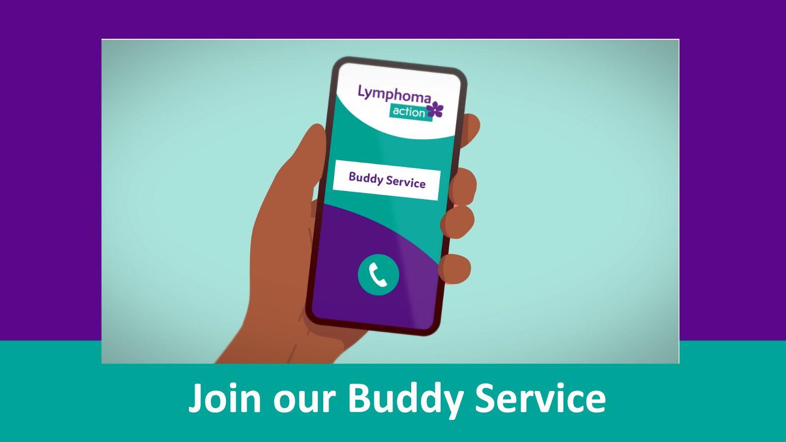 A cartoon image of a person's hand holding a mobile phone. The phone screen says Lymphoma Action Buddy Service. Below the image are the words Join our Buddy Service