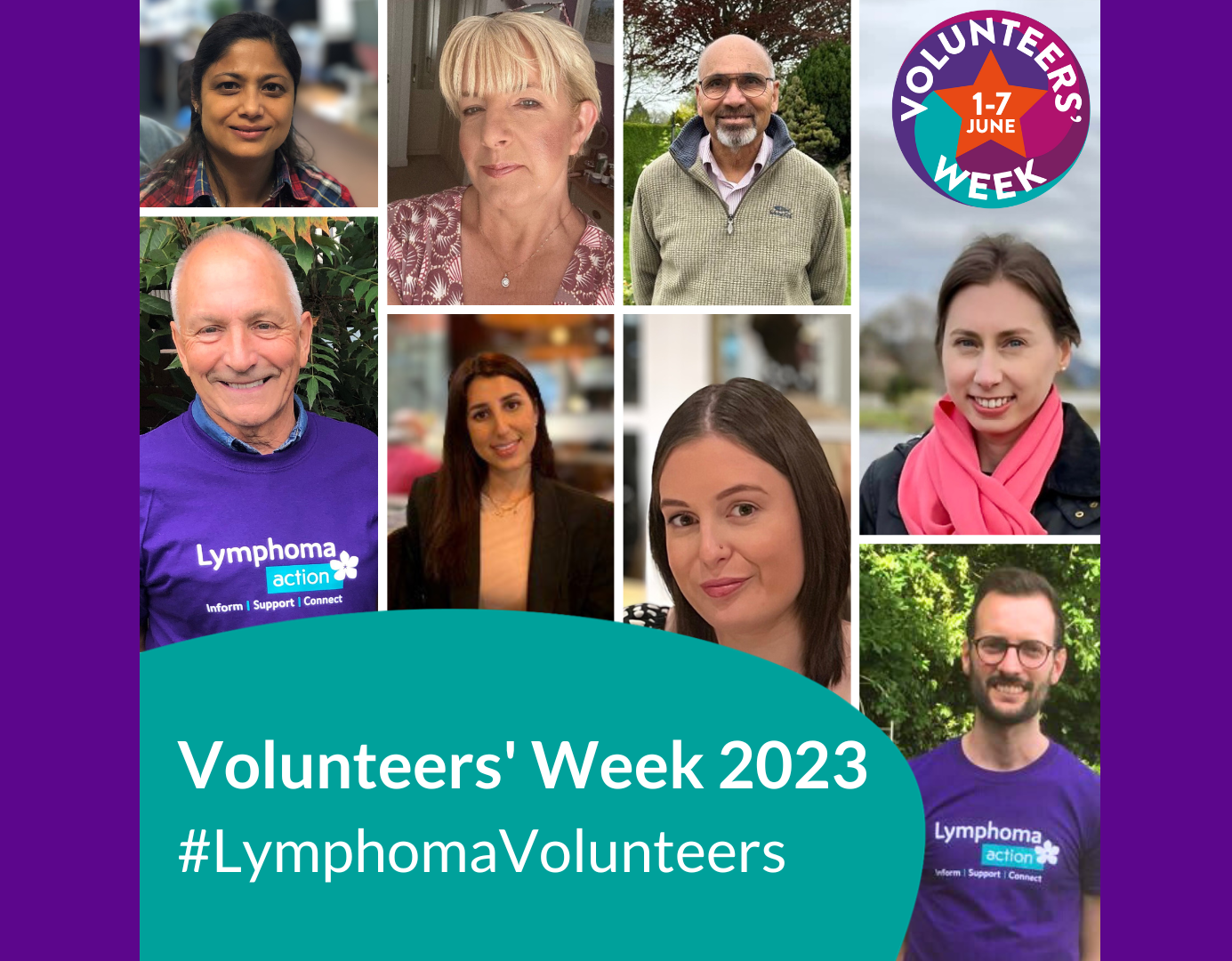 Group of Lymphoma Action Volunteers with text to support volunteers' week 2023
