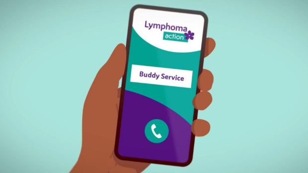 Graphic of someone holding a phone with "Buddy Service" written on the screen