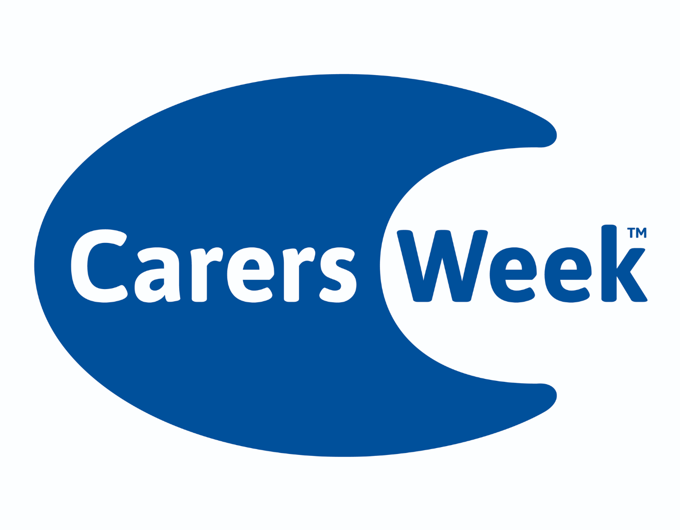 Blue crescent shape with 'Carers' inside it. 'Week' is outside of the crescent.