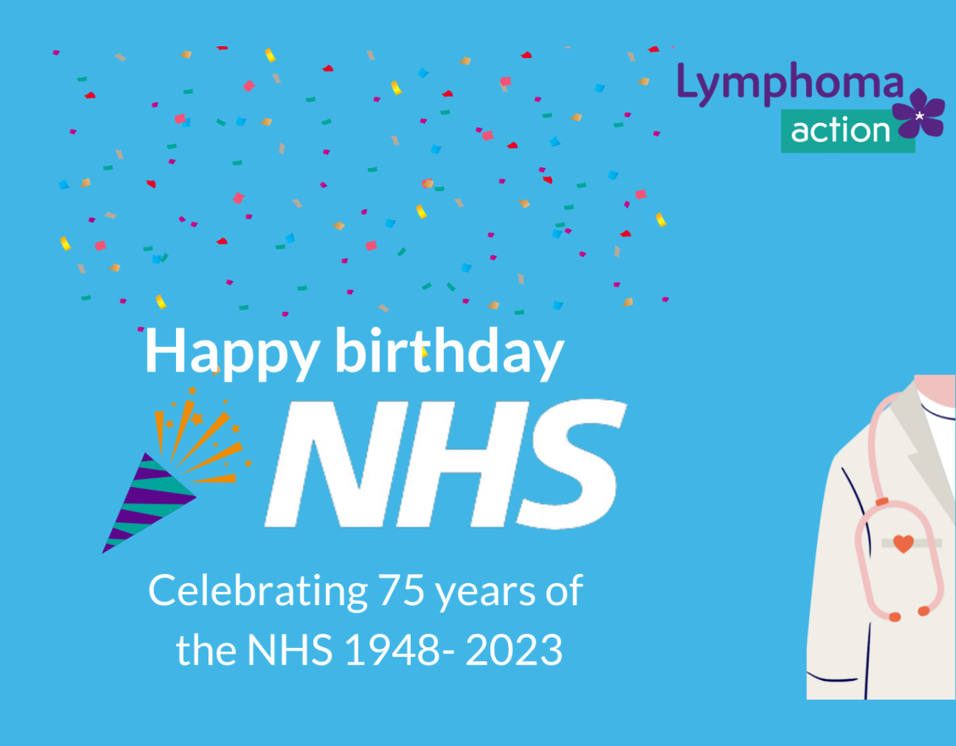 Blue background with NHS and celebration imagery. Happy birthday NHS. Celebrating 75 years of the NHS 1948-2023
