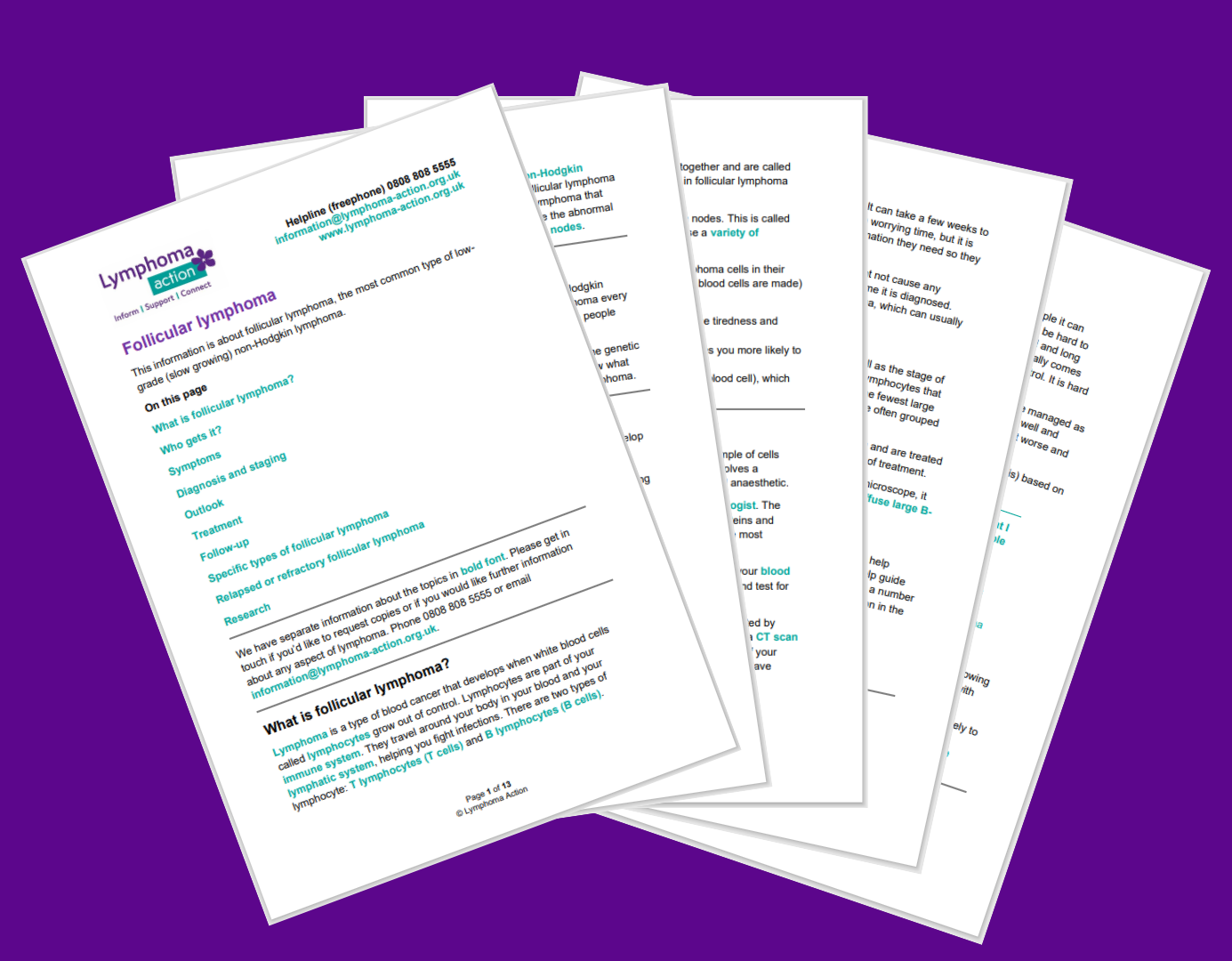 Purple background with images of the follicular lymphoma information sheet pages