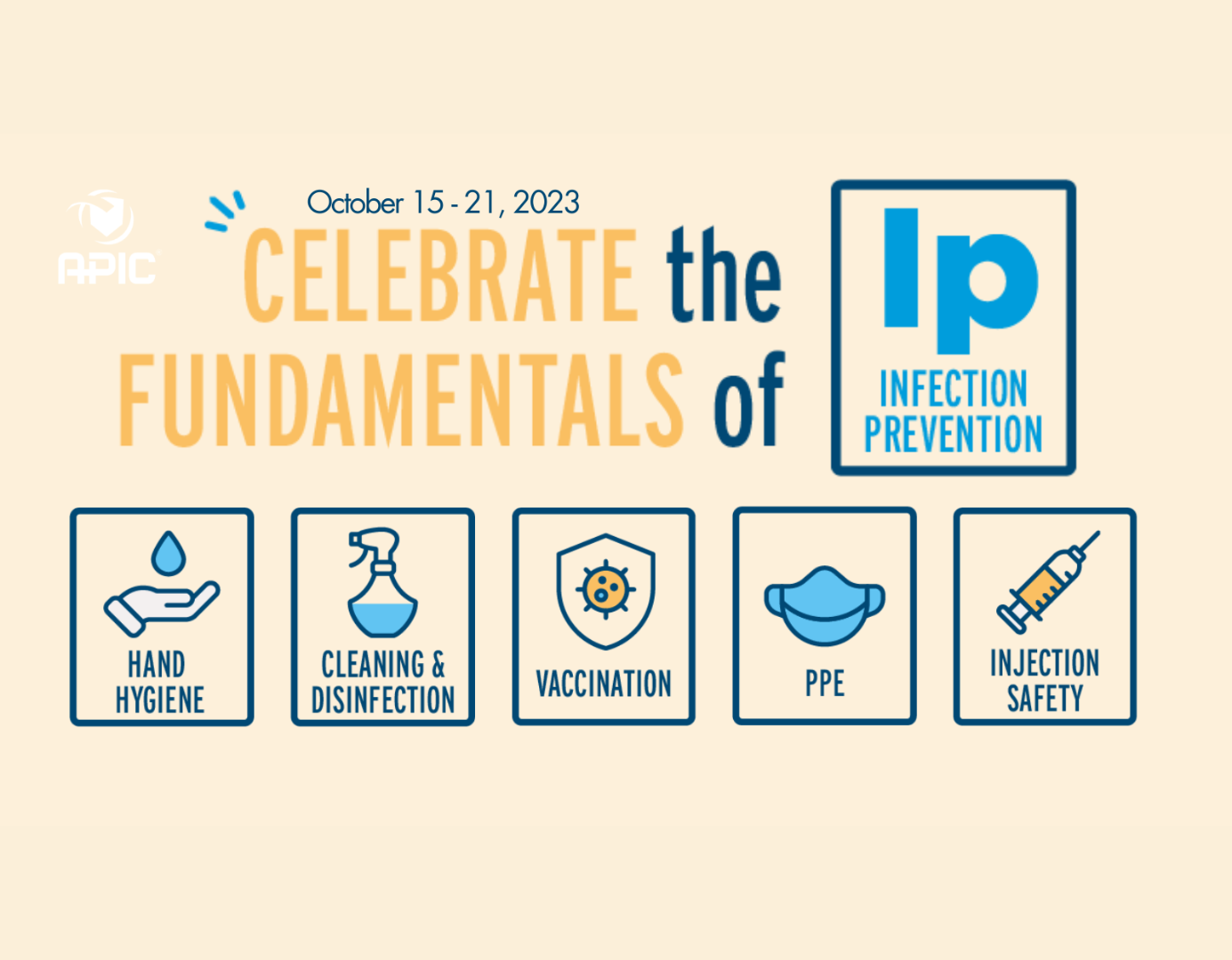 October 15-21, 2023 Celebrate the fundamentals of infection prevention. Symbols for hand hygiene, cleaning & disinfection, vaccination, PPE and injection safety.