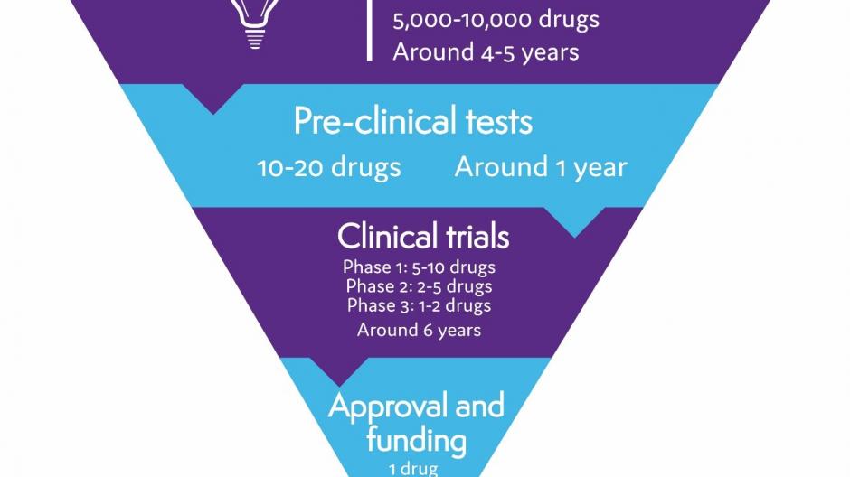 A flow chart showing the stages of drug development from discovering the drug to having clinical trials to getting approval and funding
