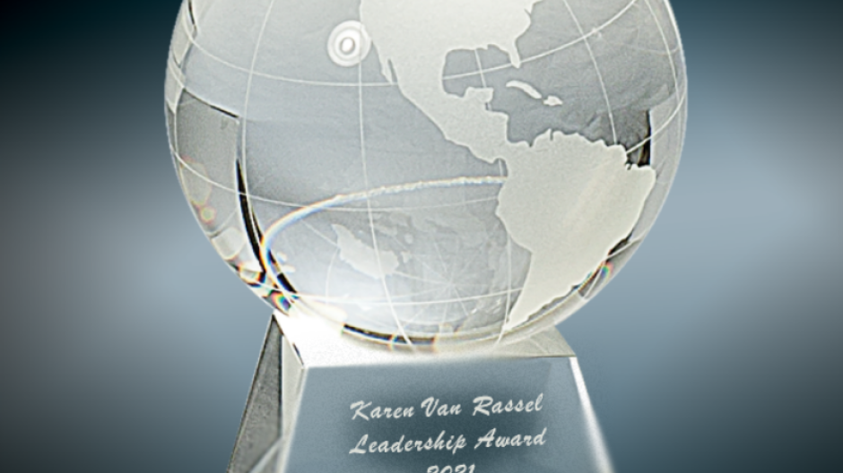 Karen Van Rassel Leadership Award silver globe on stand