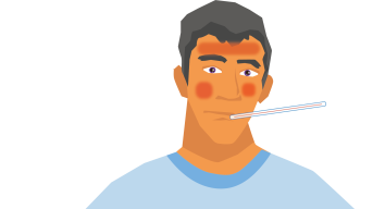 Illustration of a mixed race man with a thermometer showing a high temperature