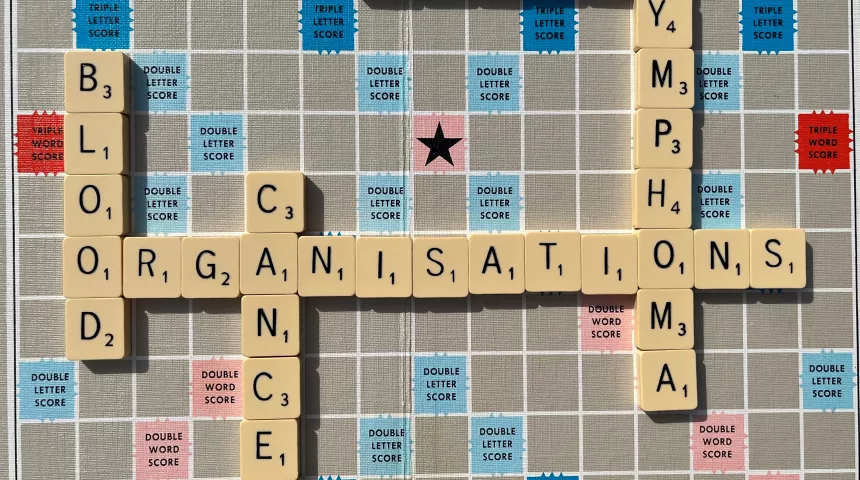 Scrabble tiles spelling out USEFUL, ORGANSATIONS, LYMPHOMA, BLOOD, CANCER 