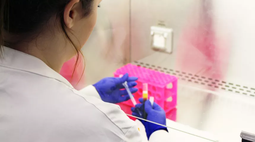 lab technician looking at blood sample 