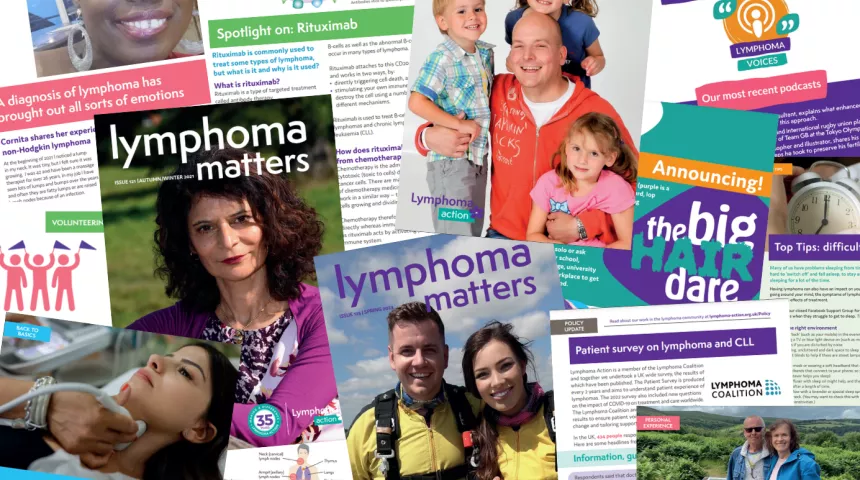Collage of different pages from Lymphoma Matters magazine - showing a range of personal stories, medical articles, podcasts and front covers