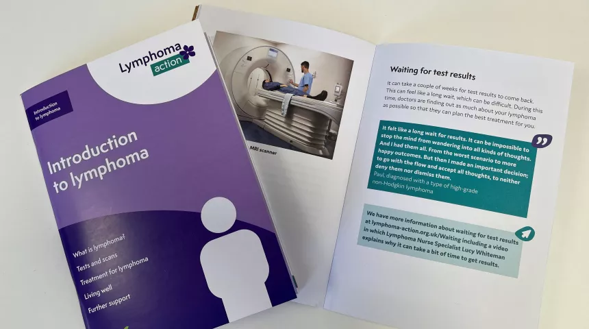 Purple front cover of a book called Introduction to lymphoma, and a double page spread of the book showing a picture of a scan