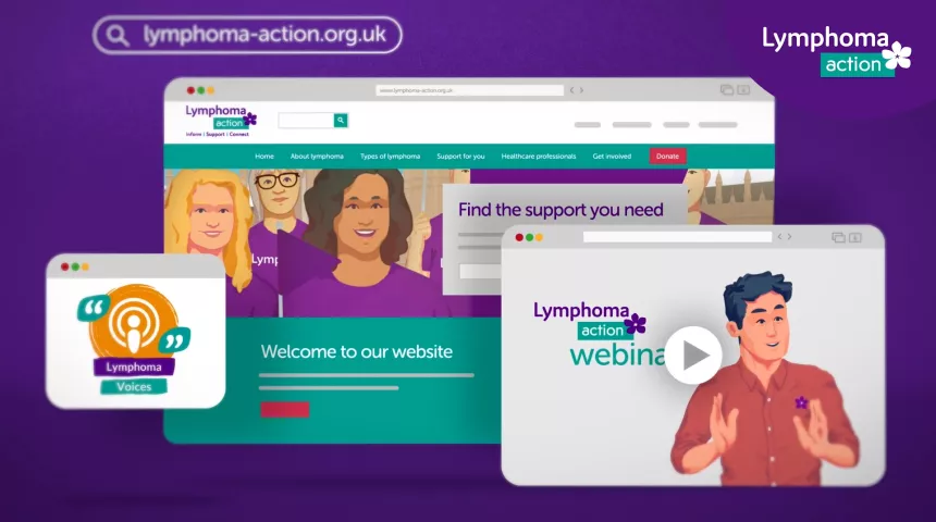 Animated versions of the Lymphoma Action website, including some of our services like the podcast logo and webinars