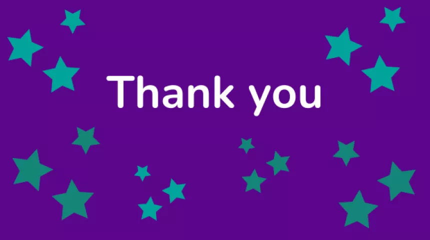 Stars on a purple background with text reading Thank you 