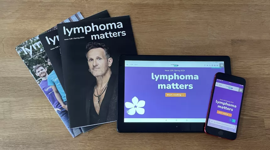 Lymphoma Matters magazine cover on phone and tablet screens