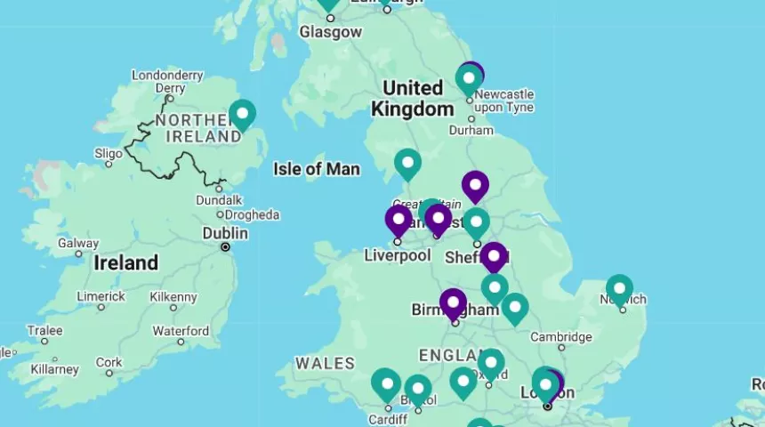 A map of the UK with purple and teal loctaion pins