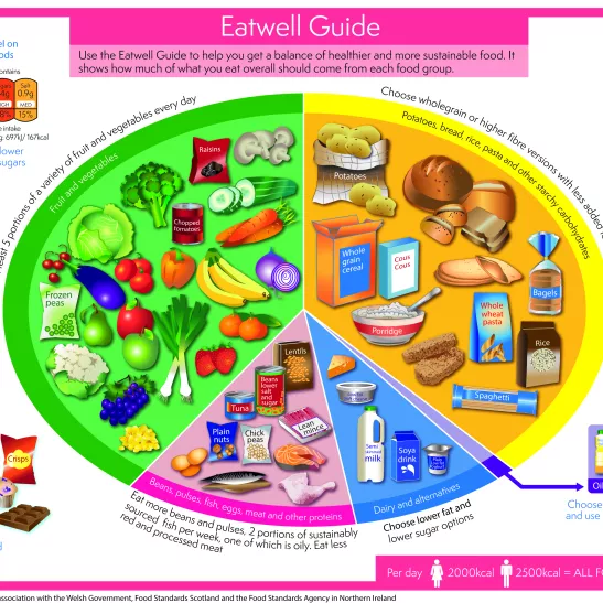 Eatwell Guide with fruit and vegetables, carbohydrates, protein, dairy and fats