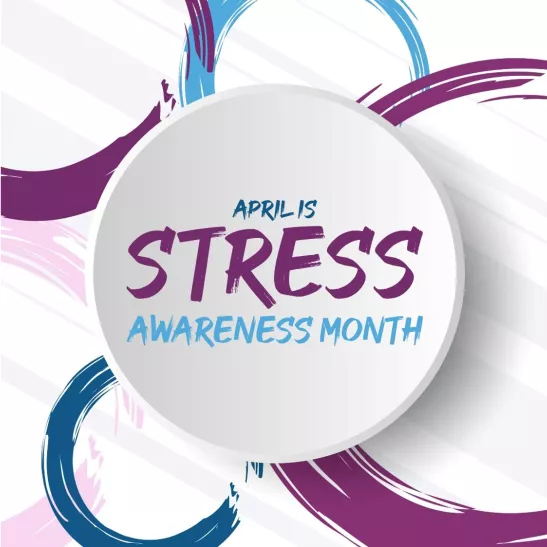 Purple and blue logo saying 'April is Stress Awareness Month'