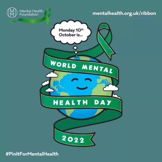 Logo for the Mental Health Day. A cartoon illustration of a world wrapped in green ribbon with the words 'World Mental Health Day 2022'