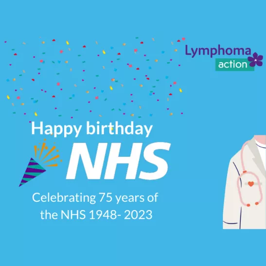 Blue background with NHS and celebration imagery. Happy birthday NHS. Celebrating 75 years of the NHS 1948-2023