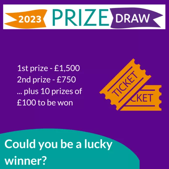 2023 Prize Draw graphic with details of prizes and image of tickets