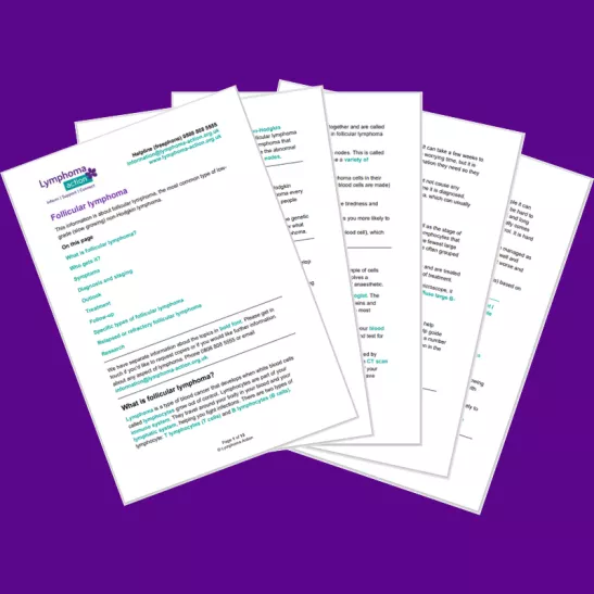 Purple background with images of the follicular lymphoma information sheet pages
