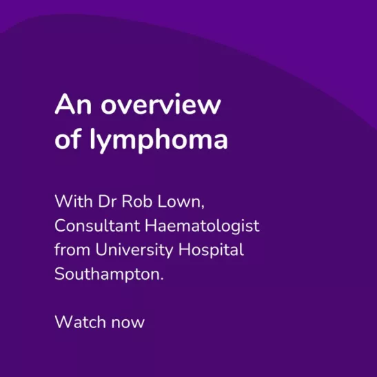 Purple background with 'An overview of lymphoma' wording and details of speaker