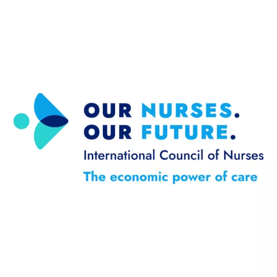 Symbol for International Nurses Day 2024. With text Our Nurses. Our Future. International Council of Nurses. The economic poser of care.