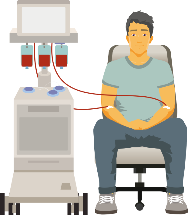 A young male sat next to a machine that is collecting his T cells