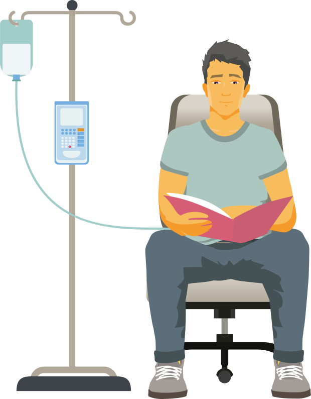 Young male sitting next to a drip receiving his CAR T cells