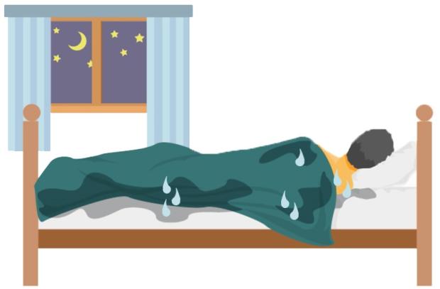 Illustrated man lying in a bed with water drops going down him showing sweats
