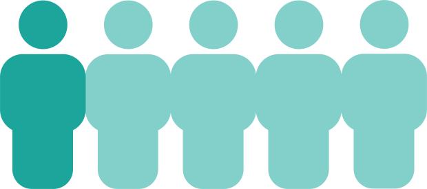 One dark teal figure person followed by four light teal figure people