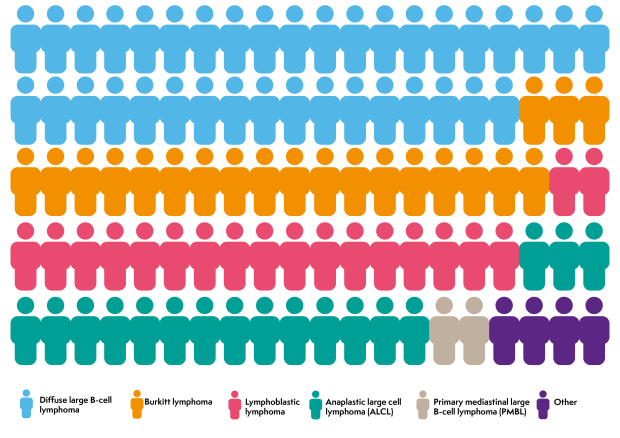 100 figure people showing the percentage of types of lymphoma in young people