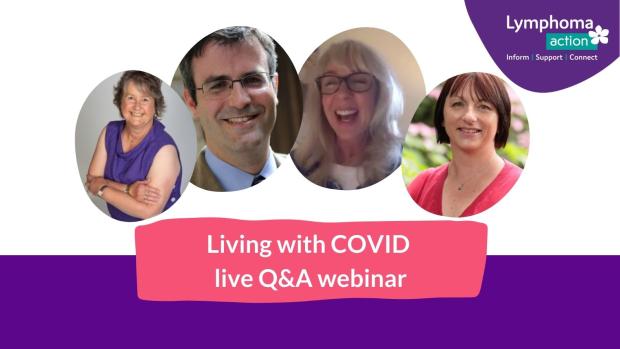 promotional image for 'Living with Covid' webinar including images of the panel of experts taking part