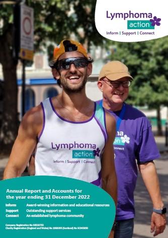Supporter in Lymphoma Action running vest with Annual Report and Accounts title